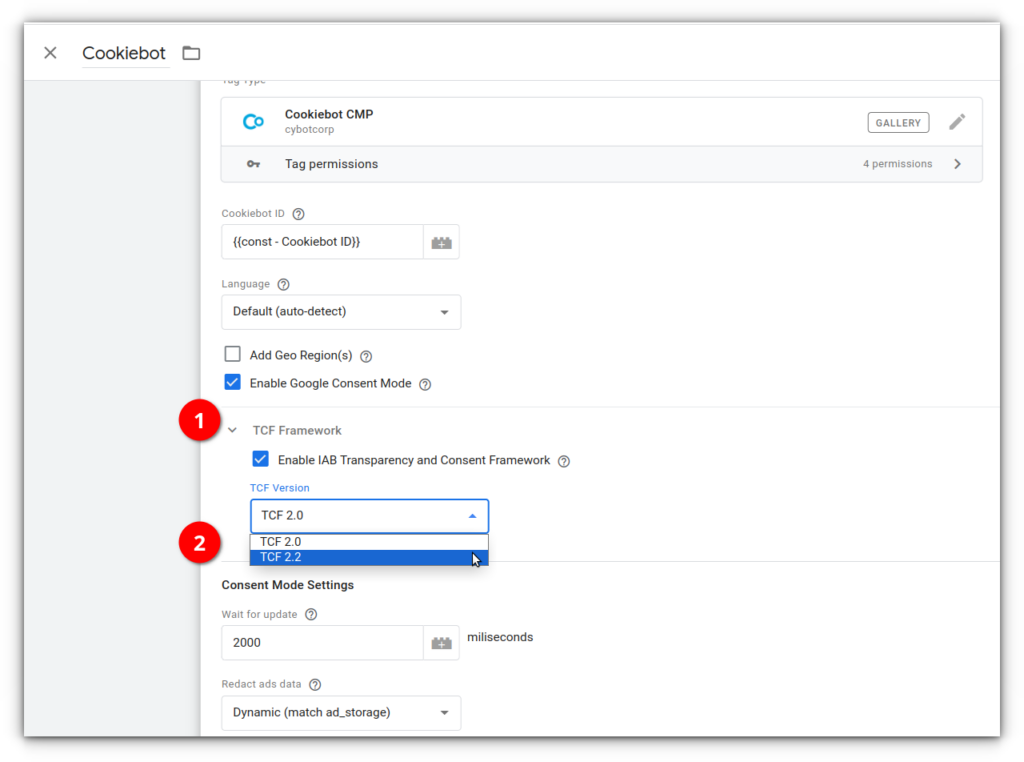 Cookiebot tcf2.2 settings